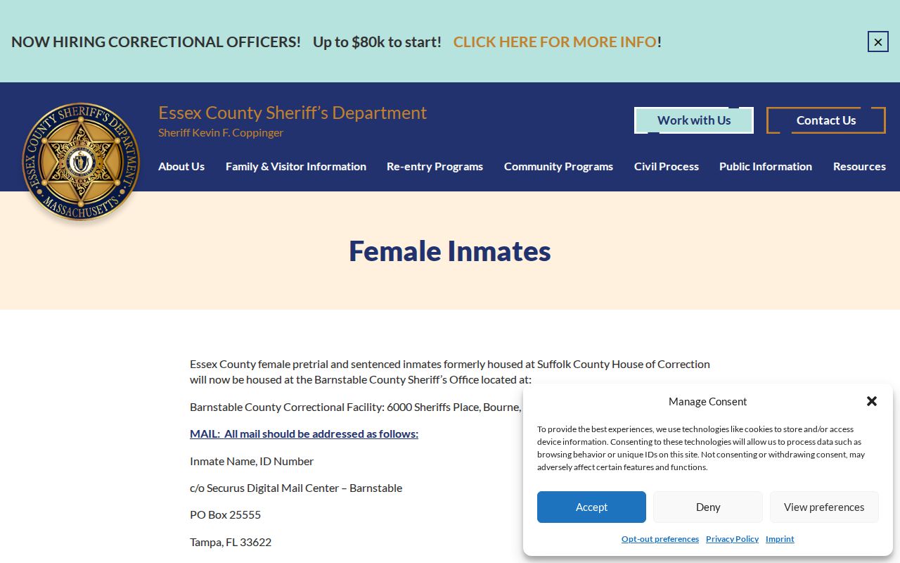 Barnstable County Correctional Facility Essex women custody and release source