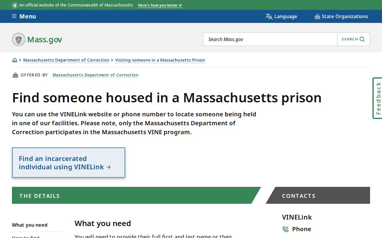 Massachusetts DOC locator instructions for Essex County released inmate records
