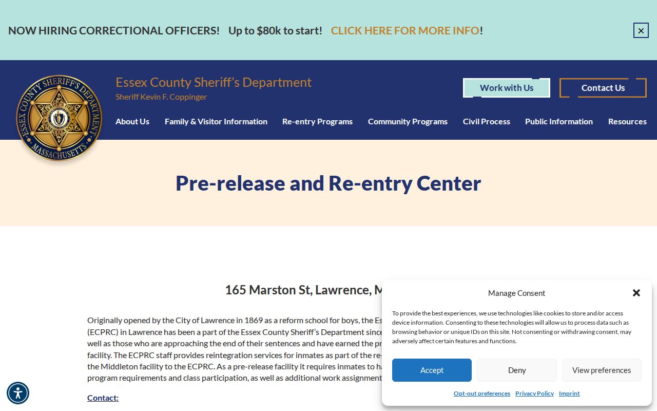 Essex County Pre-release and Re-entry Center release source in Lawrence