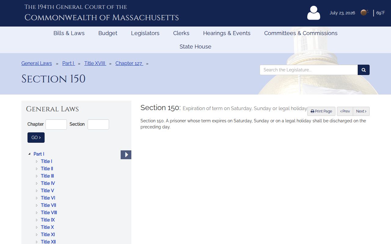 Massachusetts weekend release rule relevant to Essex County records